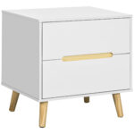 Comodino Moderno con 2 Cassetti in Truciolato e Gambe in Legno di Pino, 50Lx40Px50,5A cm, Bianco