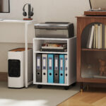 Mobile Porta Stampante con Ruote e 2 Ripiani Aperti in Legno, 40x35x55,5 cm, Bianco - immagine 6