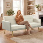 Divano Letto 3 Posti con Schienale Reclinabile e Rivestimento Effetto Velluto, 185x84x83 cm, Beige - immagine 2