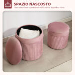 Set 2 Pouf Poggiapiedi Rotondi Impilabili e Imbottiti con Rivestimento in Velluto, Contenitore da 34,8L, Rosa - immagine 4