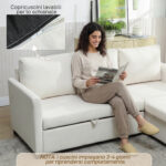 Divano Letto Angolare Effetto Lino con Vano Portaoggetti a Scomparsa, 192x148x86 cm, Bianco Crema - immagine 8