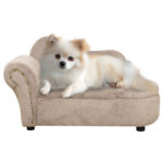 Divano per Cani Rialzato con Spazio Portaoggetti a Scomparsa, in Legno e Tessuto Vellutato, 80x40x46 cm, Beige