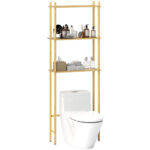 Mobile Sopra WC a 3 Ripiani a Doghe Salvaspazio in Bambù, 63,5x25,5x181 cm, color Legno
