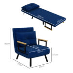 Poltrona Letto 3 in 1 con Schienale Reclinabile e Cuscino, in Tessuto Effetto Velluto, 63x73x81 cm, Blu - immagine 3