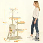 Torre per Gatti con Casetta, Trespolo, Piattaforme e 4 Topolini Appesi, 60x35x134 cm, Beige - immagine 3