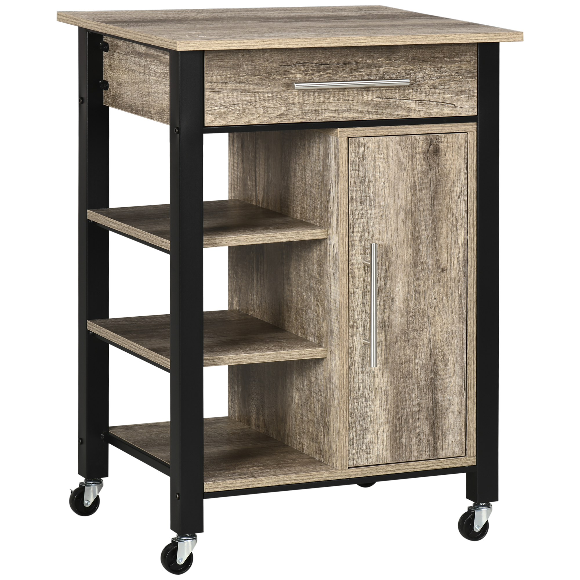 vME35b19a70f78a85.jpg Carrello da Cucina Portavivande con Cassetto, Mensole, Armadietto e 4 Ruote, Legno Truciolare, 60x50x84,5cm, Quercia - immagine 1