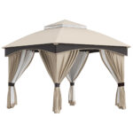 Gazebo da Giardino 3x3m in Acciaio con Doppio Tettuccio e Tende, Beige e Grigio