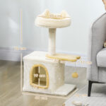 Albero Tiragraffi per Gatti con Posatoio e Casetta, in Legno, Peluche e Sisal, 40x30x72 cm, Beige e Giallo - immagine 3