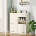 Scarpiera Slim in Legno con 4 Cassetti a Ribalta e 2 Cassetti Scorrevoli, 98x19,2x95,3 cm, Bianco - immagine 2