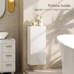 Mobiletto Bagno Pensile con 2 Ripiani in Vetro Regolabili e Anta Senza Maniglia, Bianco Lucido - immagine 5