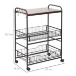 Carrello da Cucina Portavivande Stile Industriale con 4 Ruote, 2 Cestini e 4 Ganci, 60x38x85,5cm, Marrone Nero - immagine 3