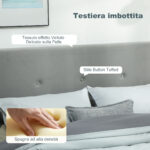Letto Contenitore con Spazio a Scomparsa e Testiera Vellutata a Trapunta, in Legno e Metallo, 195x141x106 cm, Grigio - immagine 6
