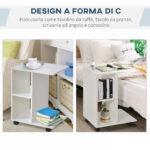 Tavolino da Salotto a C con 2 Ripiani Aperti e 4 Ruote Girevoli, in MDF e PE, 45x35x58 cm, Bianco - immagine 6