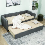 Letto Singolo con Secondo Letto Estraibile, Rivestimento in Tessuto e Braccioli, 205x181x70 cm, Grigio Scuro - immagine 2