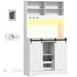 Credenza Cucina con Prese Elettriche, Luce LED, Portabottiglie e Ante Scorrevoli, 1x38x180 cm, Bianco