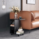 Tavolino da Salotto a C con 2 Ripiani Aperti e 4 Ruote Girevoli, 45x35x58 cm, Nero - immagine 7