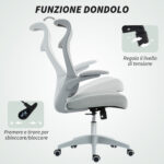 Sedia da Ufficio Ergonomica con Braccioli Regolabili, Schienale a Rete e Poggiatesta, Grigio - immagine 8