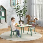 Set Tavolo e Sedie 3 Pezzi per Bambini 3-8 Anni in MDF e Legno di Pino, Verde - immagine 2