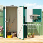 Capanno Porta Attrezzi in Metallo con Tetto Inclinato e Porta Bloccabile, 142x86x189 cm, Verde - immagine 5