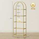 Scaffale Portaoggetti ad Arco a 5 Ripiani in Acciaio e Vetro Temperato, 60x30x175 cm, Oro - immagine 3