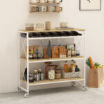 Carrello Portavivande a 4 Livelli con Portabottiglie e 5 Ganci Rimovibili, in Legno e Metallo, 96,5x38x96,7 cm - immagine 2