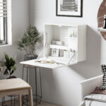 Scrivania a Muro Pieghevole e Salvaspazio con Ripiani, per Casa e Ufficio, in Truciolato e MDF, 60x21,5x50 cm, Bianco - immagine 2