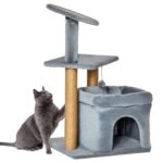 Tiragraffi per Gatti con Pali in Juta, Casetta e Cuscino, Rivestimento Peluche, Altezza 84cm, Grigio