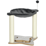 Tiragraffi per Gatti con Amaca in Peluche, Base in Legno con Gioco e Pali in Sisal, 53,55x53,5x66cm, Grigio