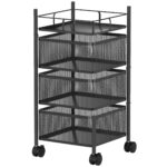 Carrello Cucina a 3 Livelli con Cestini in Metallo Girevoli, Ruote e Freno, 27,5x27,5x62 cm, Nero