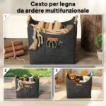 Borsa in Feltro Portalegna da Interno con Manici in Legno, Capacità 15 kg, 45x32x40 cm, Grigio - immagine 6