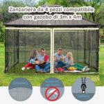 Zanzariera per Gazebo Tende di Ricambio Universale con Cerniere, 352x207cm - Nero e Beige - immagine 4