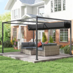 Pergola Gazebo da Esterno 3x2,1 m con Tettuccio Retrattile in Metallo e Poliestere, Nero - immagine 8
