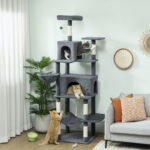 Albero Tiragraffi per Gatti Alto 202 cm con 6 Pali in Sisal, 2 Casette, 2 Amache e Lettino, Grigio - immagine 2