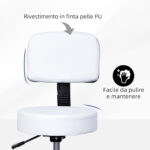 Sgabello Girevole con Schienale, Altezza Regolabile e 5 Ruote in pelle PU Bianca per Casa o Negozio - immagine 4