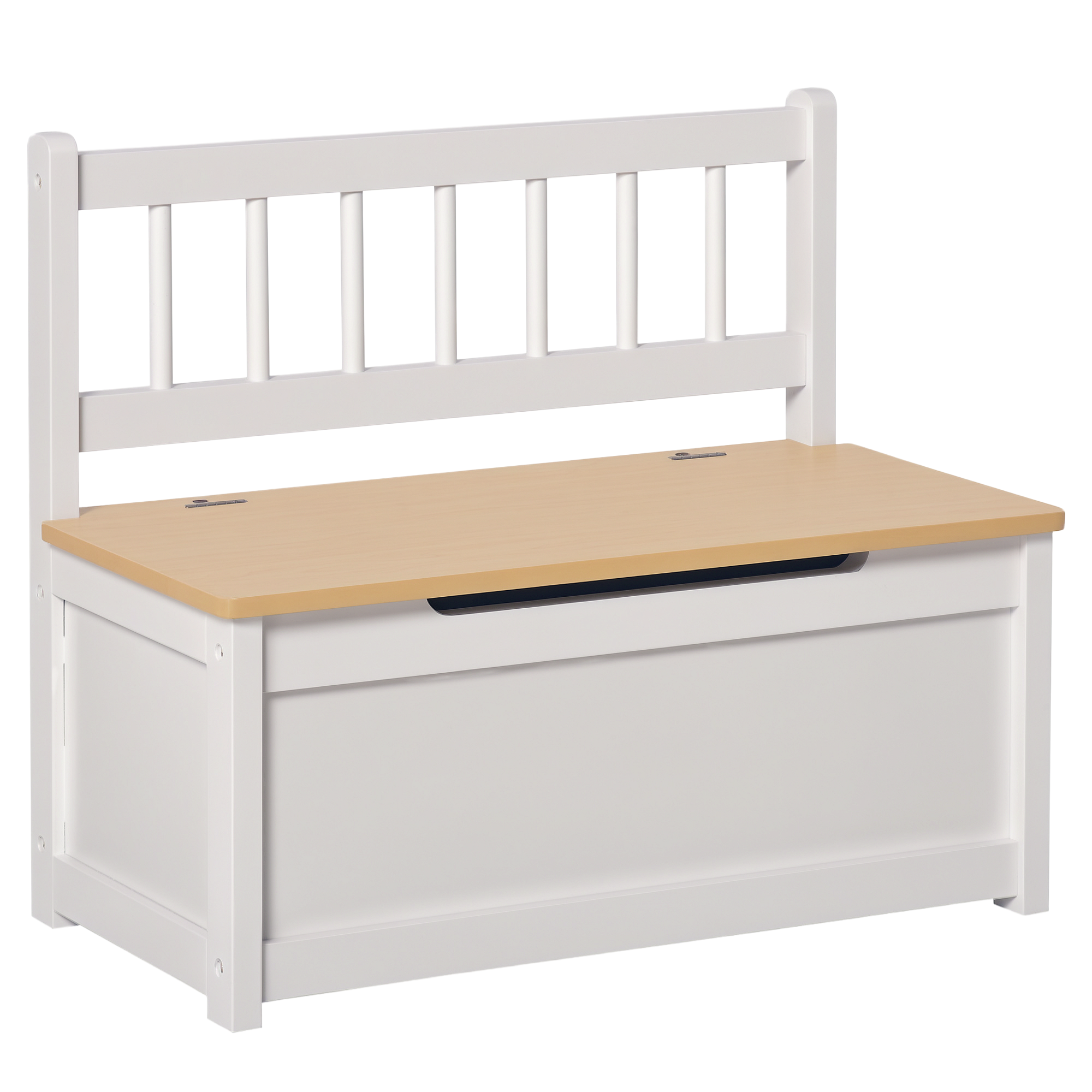 yjqbfd197e53690fb.png Cassapanca per Bambini 2 in 1 in Legno con Pistone per Chiusura Sicura, 60x30x50cm Bianco e Legno Naturale - immagine 1