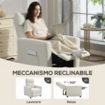 Poltrona Reclinabile 135° max in Tessuto Effetto Lino, Schiuma, Acciaio e Legno, 73x86x1 cm, Bianco Crema - immagine 9