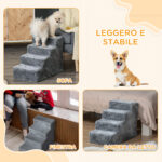 Scaletta per Cani Portatile a 4 Gradini, in Tessuto Vellutato Sfoderabile e Truciolato, 60x35x44 cm, Grigio - immagine 7