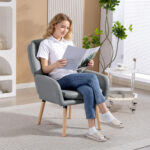 Poltrona Moderna da Camera con Schienale Alto a Doppia Imbottitura in Tessuto Effetto Pelle, Grigio - immagine 7