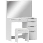 Set Tavolo da Trucco con Specchio e 5 Cassetti 97,2x44,5x136,5 cm e Sgabello Imbottito 40x24x46 cm, Bianco