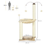 Albero Tiragraffi per Gatti max 5kg con Amaca, Palline da Gioco e Pali in Sisal, 53,5x53,5x90 cm, Beige - immagine 3