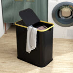 Cesto Portabiancheria da 80L a 2 Sezioni con Coperchio, in Tessuto non Tessuto e Bambù, 54x34x58,5 cm, Nero - immagine 7