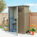 Capanno Porta Attrezzi in Metallo con Tetto Inclinato e Porta Bloccabile, 142x86x189 cm, Marrone - immagine 9