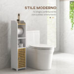 Mobiletto Bagno Salvaspazio Moderno con Ripiani e Armadietto in Truciolato, Superficie in melamina,18x20x90cm, Bianco | Aosom Italy - immagine 4