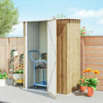 Capanno Porta Attrezzi in Metallo con Tetto Inclinato e Porta Bloccabile, 142x86x189 cm, color Legno - immagine 9