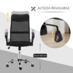 Sedia Ergonomica da Ufficio Girevole e Dondolo con Ruote, Altezza Regolabile e Schienale a Rete, 63x65x109-119 cm, Nero - immagine 6