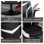 Poltrona da Gaming da Ufficio Ergonomica, Altezza Regolabile, Base Fissa, Braccioli Pieghevoli Nero e Bianco - immagine 4