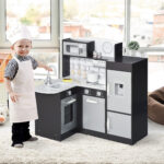 Cucina Giocattolo per Bambini in Legno con 14 Accessori, Forno, Lavandino, Frigo e Microonde, Età 3+ Anni, 86x64x84,5cm, Argento e Marrone - immagine 2