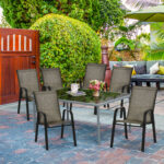 Sedie da Giardino Set 6 Pezzi, Sedie da Esterno Impilabili in Metallo e Tessuto Traspirante, Marrone - immagine 2