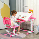 Set Scrivania per Bambini 6-12 Anni con Sedia Regolabile in Altezza, Cassetto, Luce e Piano Inclinabile, Rosa - immagine 2