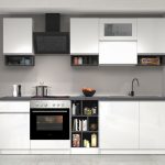 Cucina lineare SOLE 256 cm, composizione 2 Bianco laccato lucido / bianco opaco / report